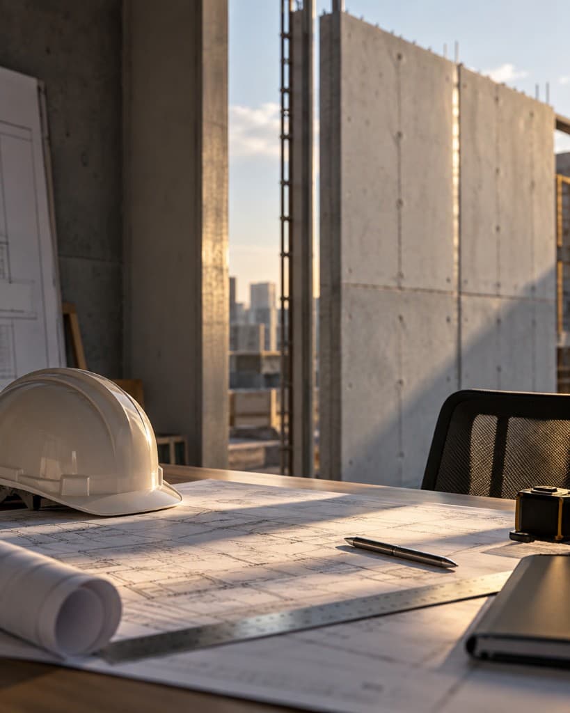 Mesa de engenharia com plantas, capacete e estrutura de concreto ao fundo