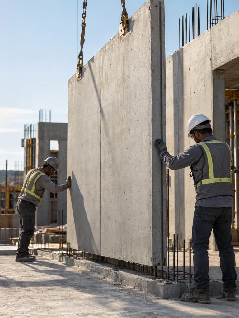 Equipe DCORP posicionando painel pré-moldado em obra